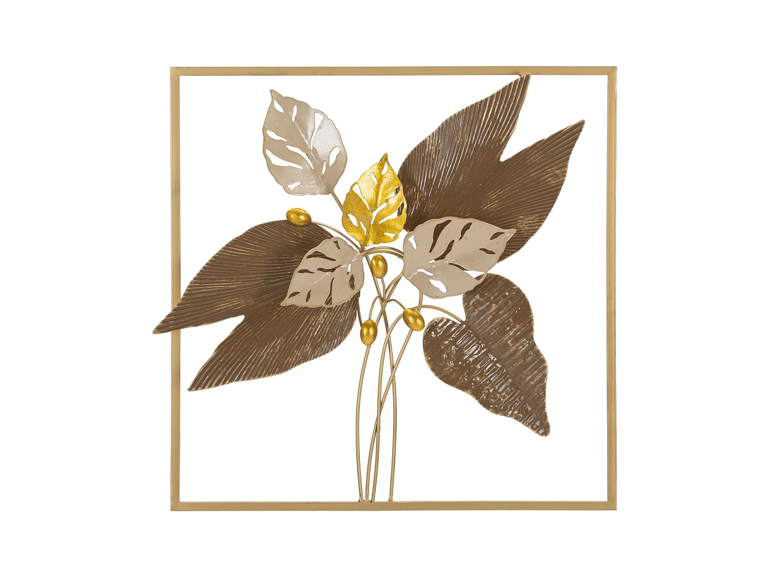Panneau Décoratif 3D en Métal browy - Feuilles Colorées dans un Cadre Doré - 50,2x5,1x50,2 cm