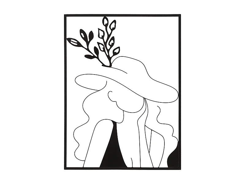 3D decoratief paneel in zwart metaal, vrouw met hoed, 60x1x80 cm