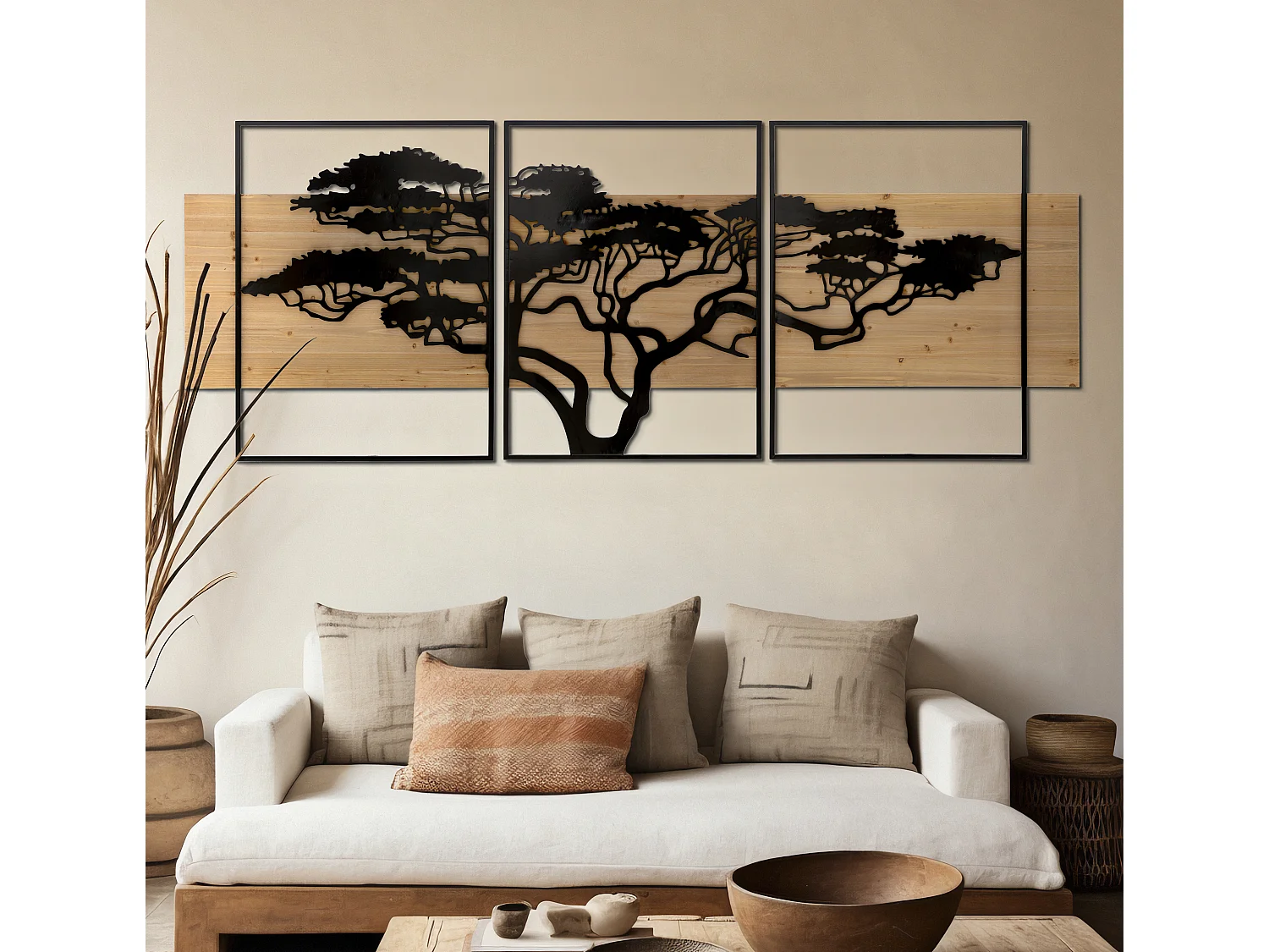 Set di 3 pannelli decorativi 3D in metallo e legno nero cm 204x2x80