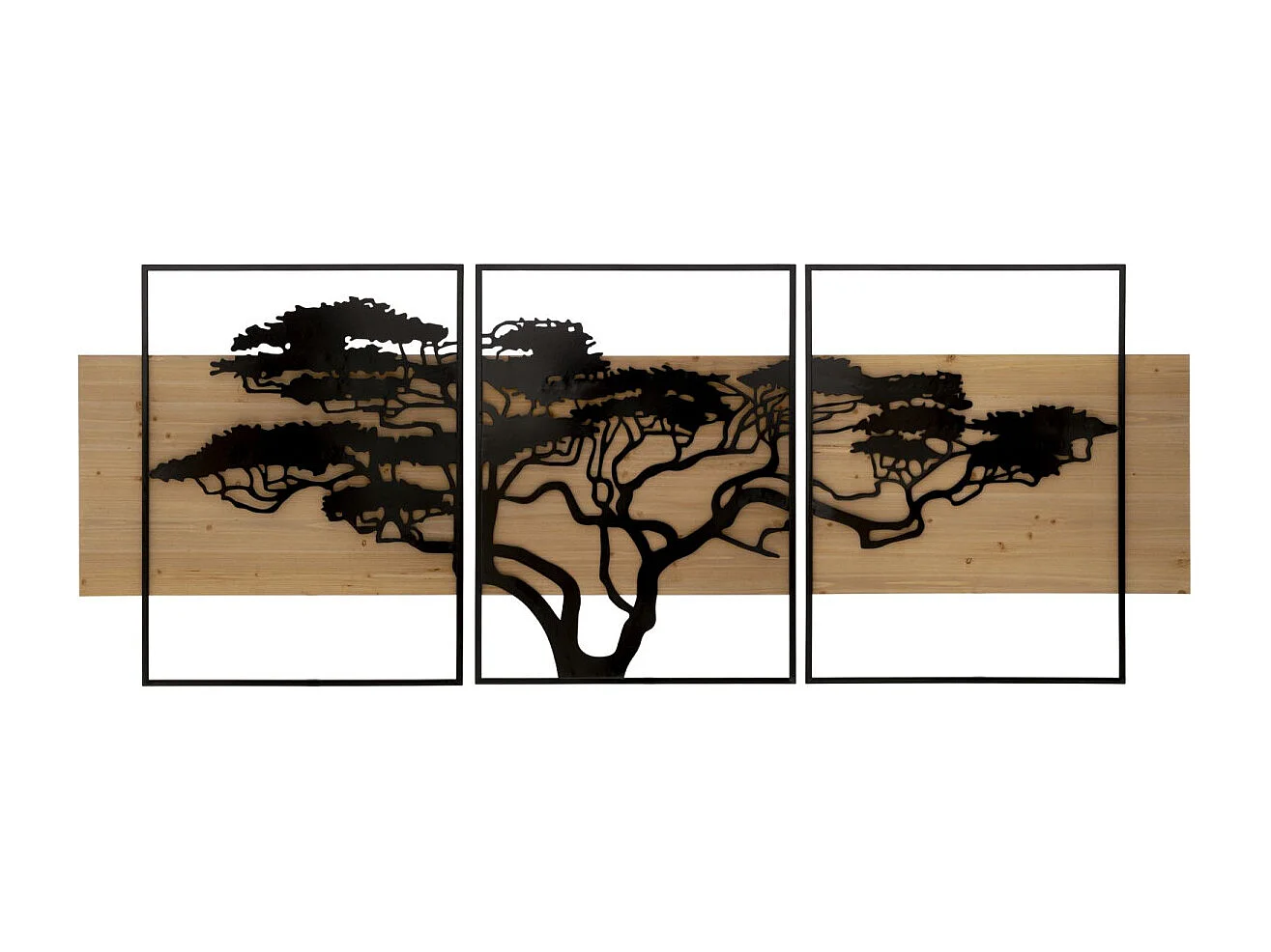 Set van 3 decoratieve 3D-panelen van zwart metaal en hout, 204x2x80 cm