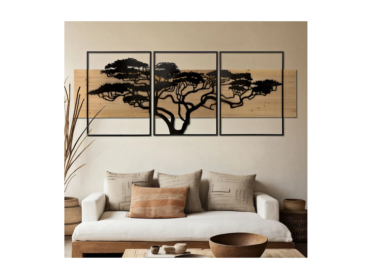 Set van 3 decoratieve 3D-panelen van zwart metaal en hout, 204x2x80 cm