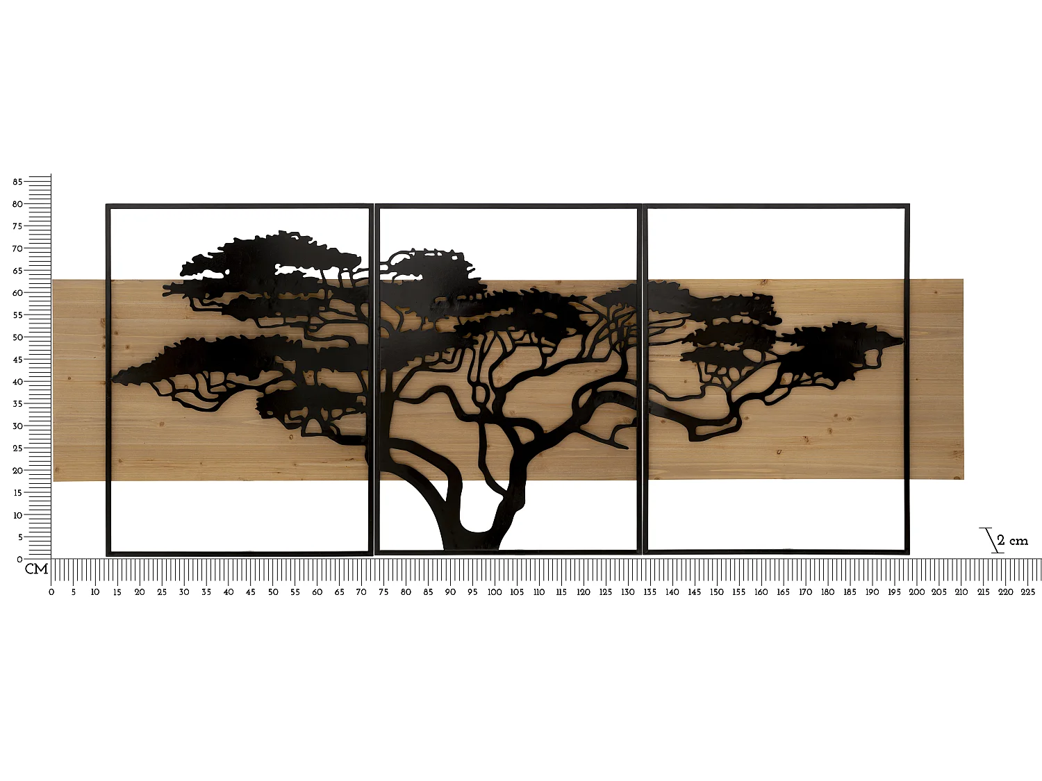 Set van 3 decoratieve 3D-panelen van zwart metaal en hout, 204x2x80 cm