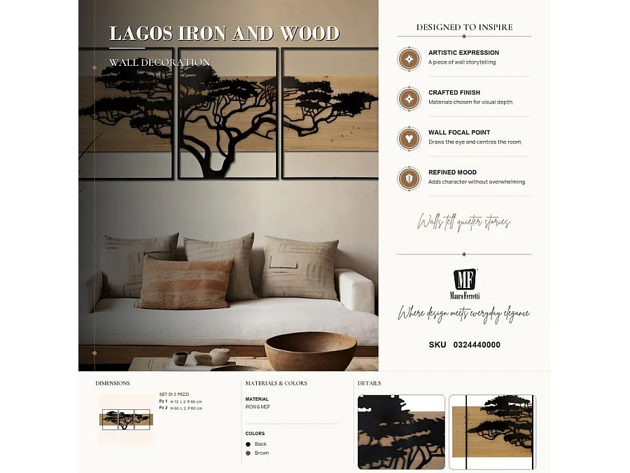 Sæt med 3 Lagos vægpaneler – 3D-dekoration lavet af jern og træ (MDF), Savana, 204 x 80 cm – Moderne stil