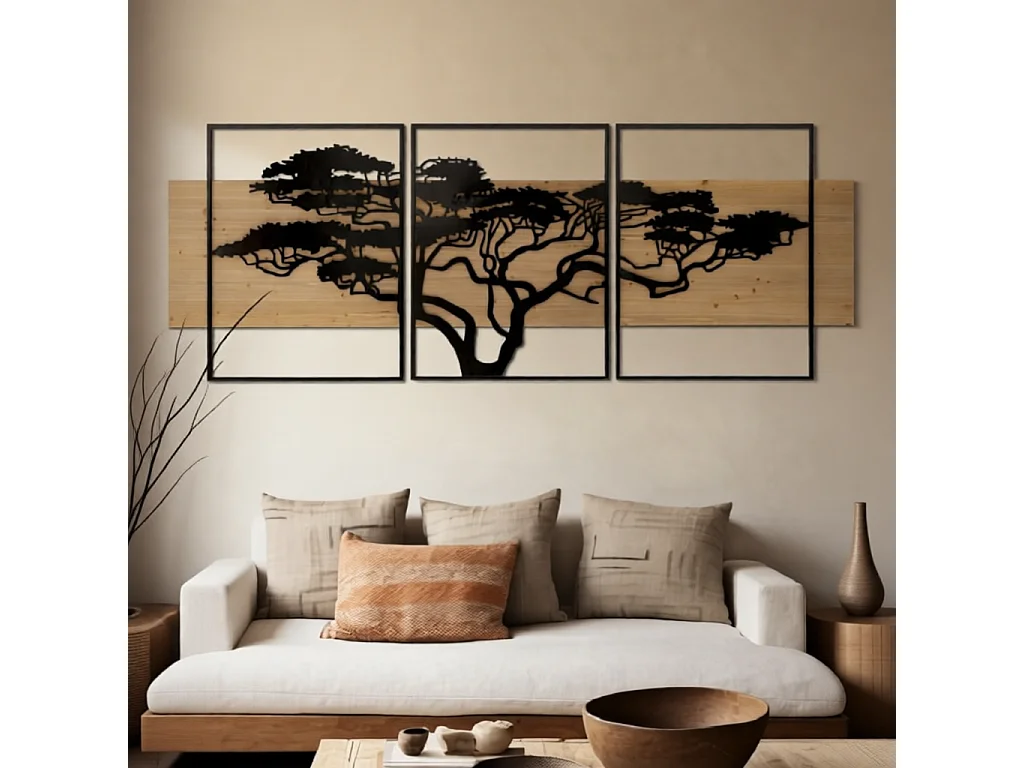 Zestaw 3 paneli ściennych Lagos – dekoracja 3D z żelaza i drewna (MDF) Savana 204x80 cm – styl nowoczesny