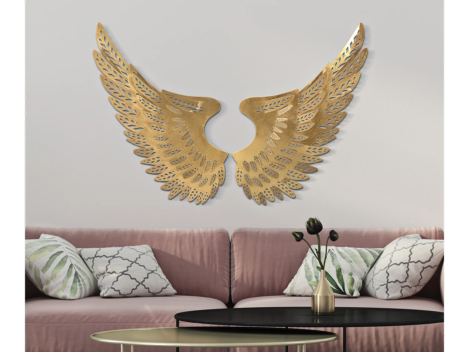 Set 2 di pannelli decorativi ali in metallo dorato cm 90x3,5x43,5