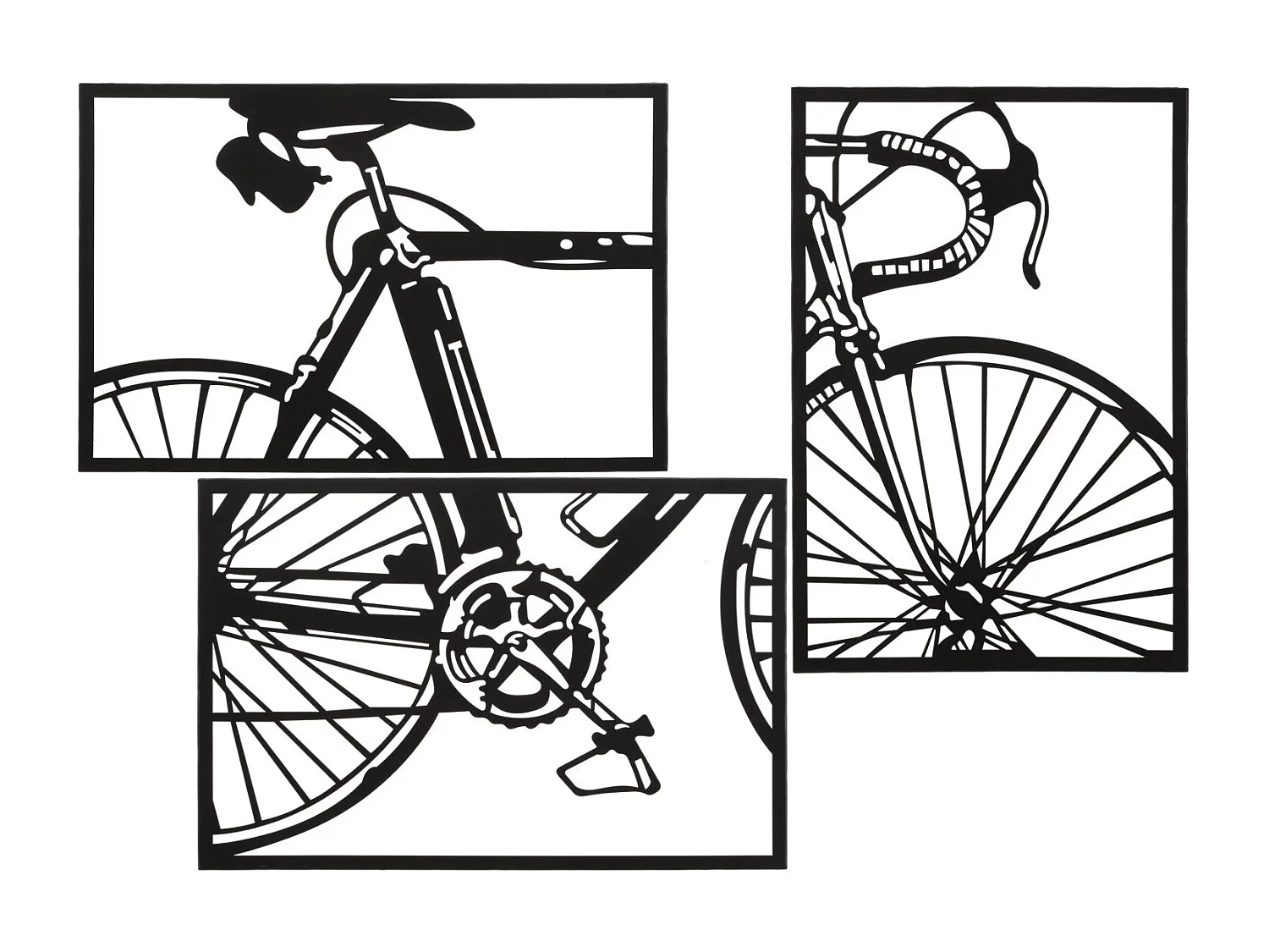 Set di 3 pannelli 3D in metallo nero bicicletta cm 40x1,3x60