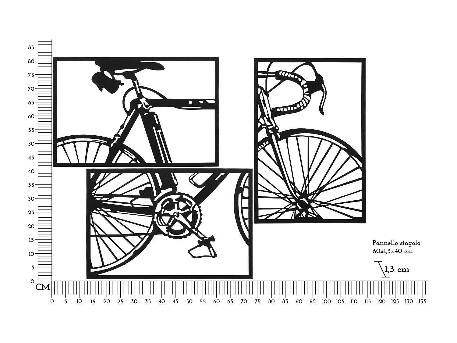 Set di 3 pannelli 3D in metallo nero bicicletta cm 40x1,3x60