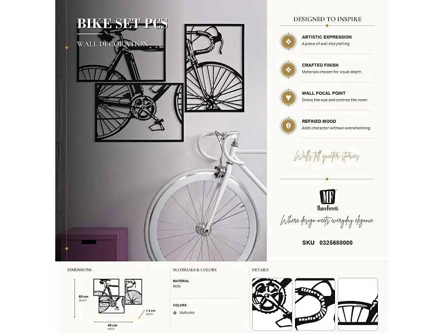 3er-Set 3D-Paneele aus Metall schwarz Fahrrad 40x1,3x60 cm