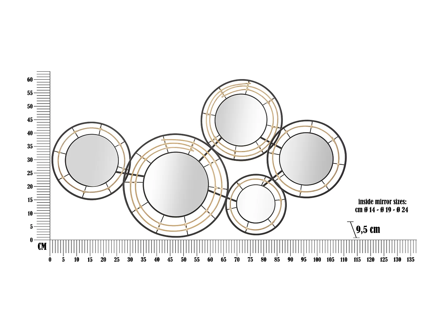 Pannello decorativo 3D in metallo e specchi nero cm 111x9,5x59