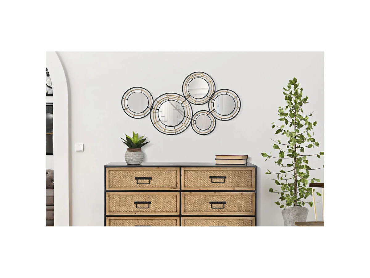 Dekorativt vægpanel "Oporto", 111 x 9,5 x 59 cm – 3D-spejl lavet af jern og rotting i boho-chic stil – Etnisk design til indretning