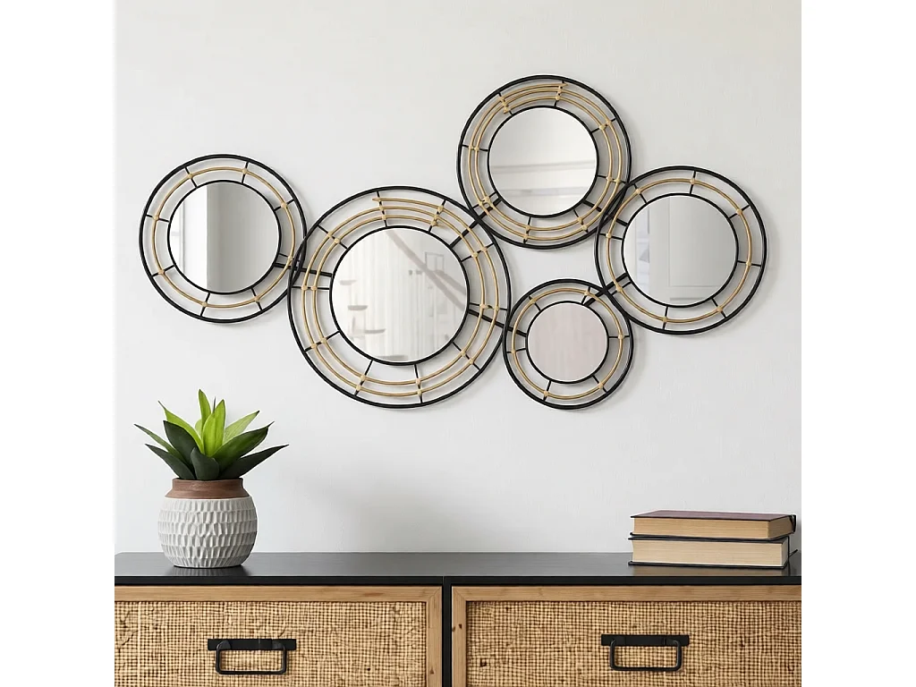 Dekoracyjny panel ścienny Oporto 111x9,5x59 cm – lustro 3D z żelaza i rattanu w stylu boho chic – etniczny design do wystroju wnętrz