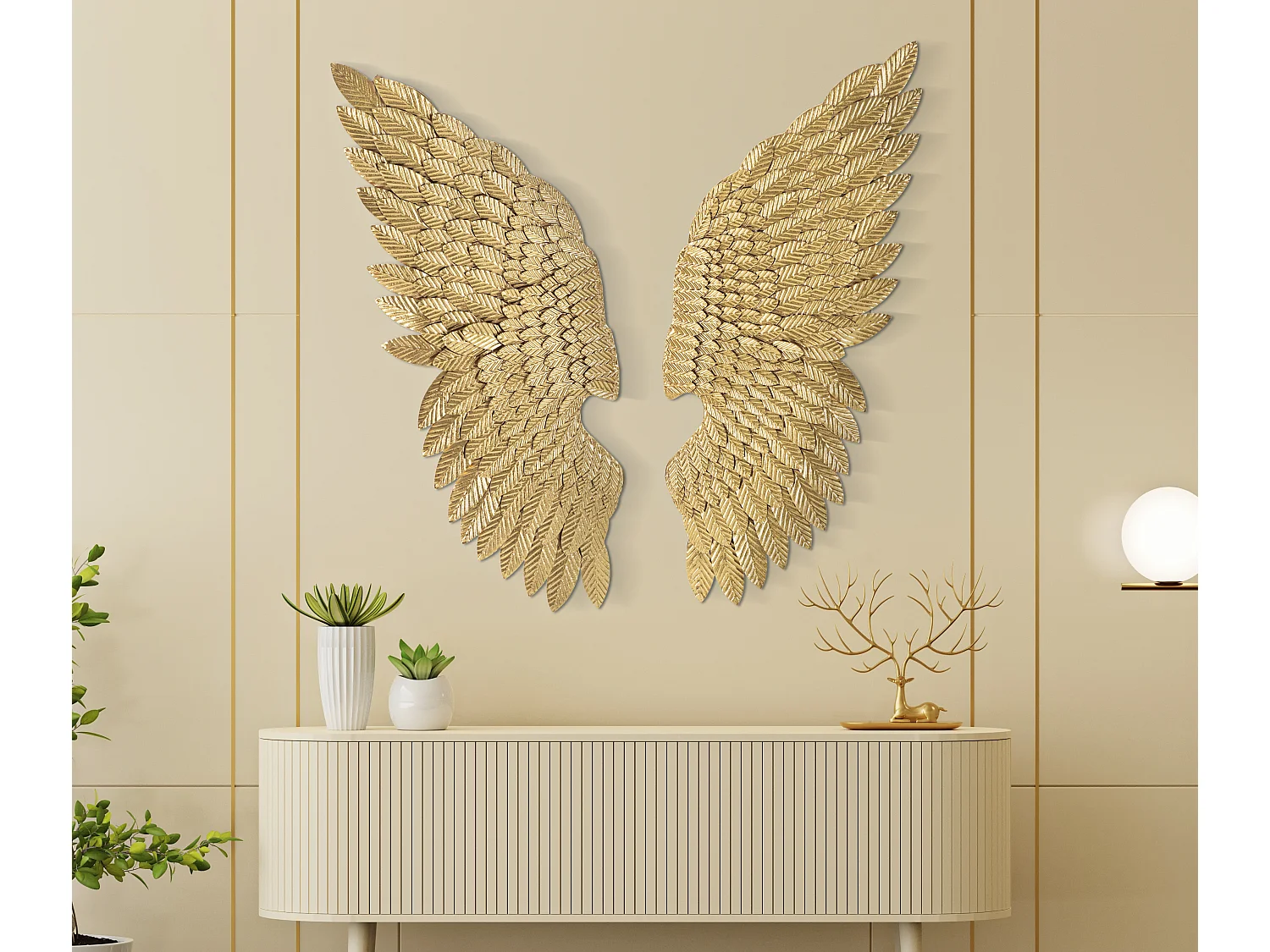 Set 2 di pannelli decorativi ali in metallo dorato cm 37,5x3x100