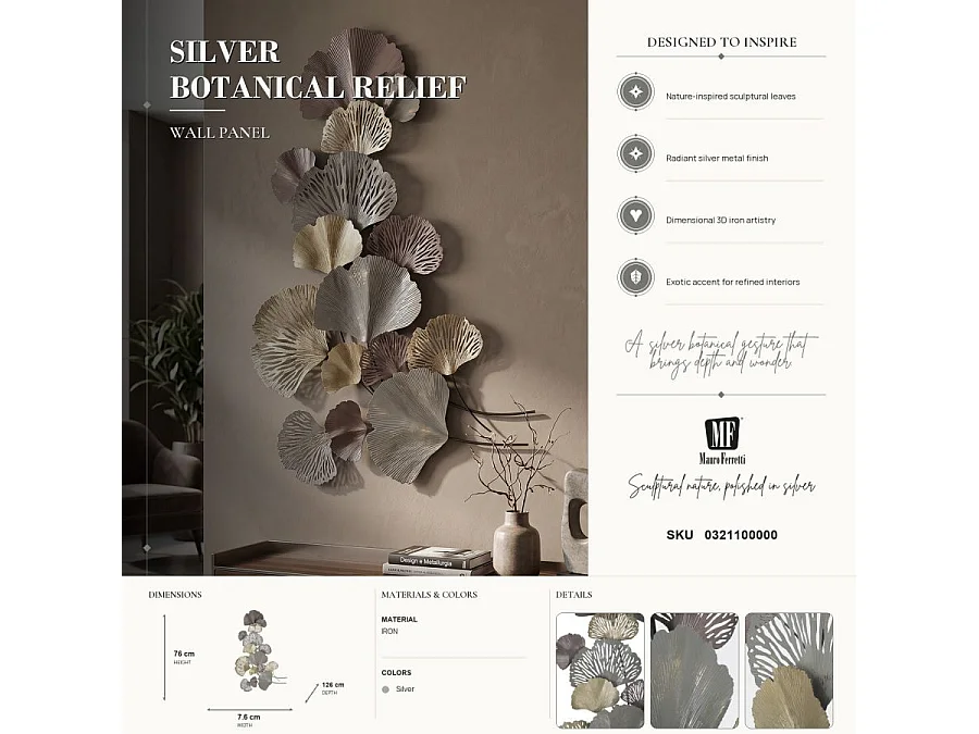 Dekorativt vægpanel fra Diply, 76 x 7,6 x 126 cm – 3D-jernpanel med elegant bladmønster til vægge – Eksotisk dekoration