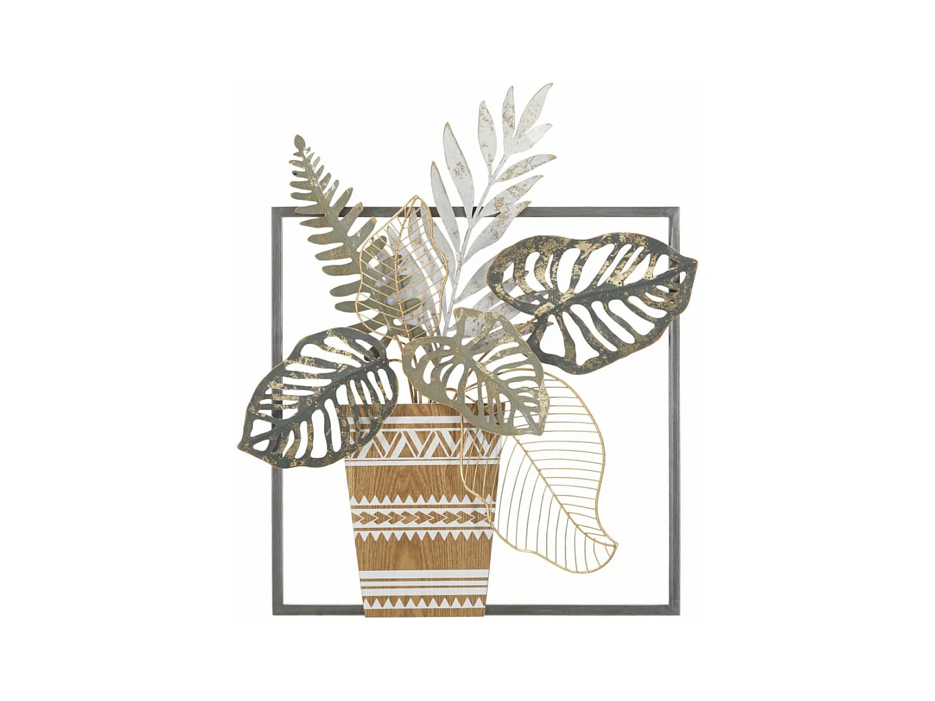 Panneau Décoratif 3D en Métal Vase - Panneau Mural avec Vase et Feuilles dans un Cadre Carré - 54x6,4x62,9 cm