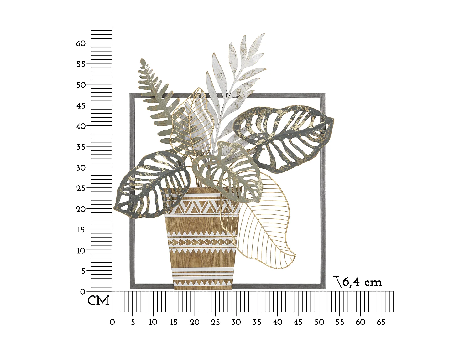 3D decoratief paneel met een veelkleurige metalen vaas, 54x6,4x62,9 cm