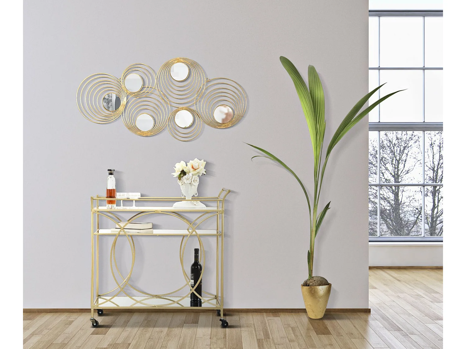 Pannello decorativo 3D in metallo dorato e specchi cm 90x2,5x45