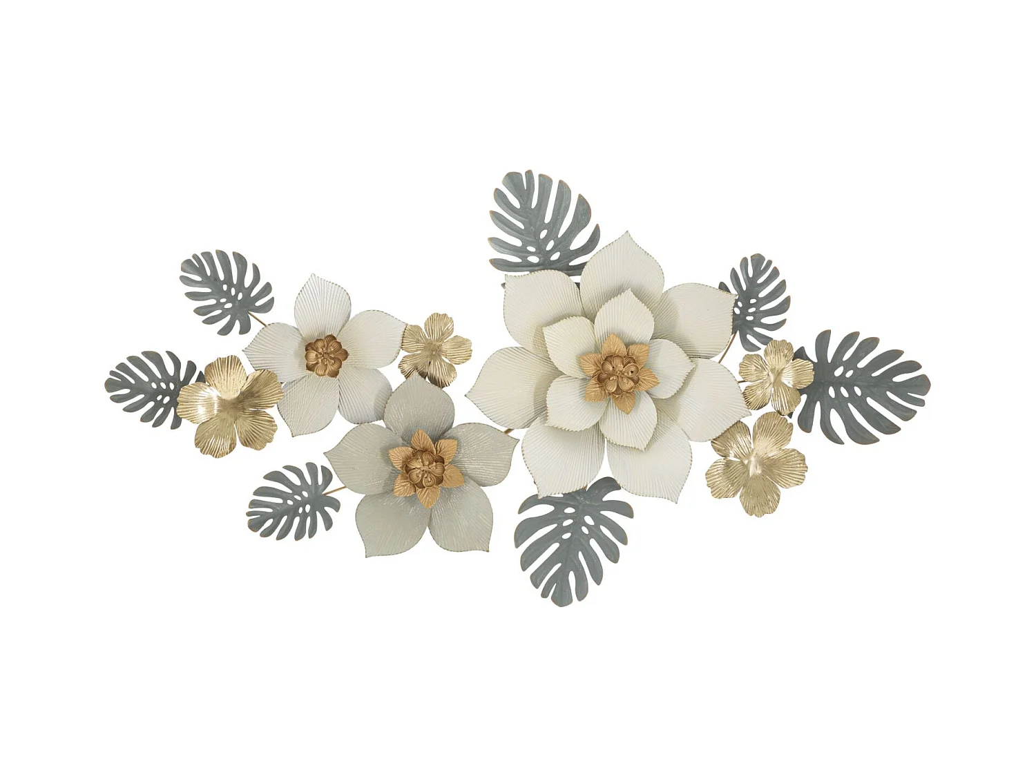 Panneau Mural Décoratif 3D en Métal - Fleurs et Feuilles aux Tons Doux et Finitions Dorées - 134,6x7,6x69,9 cm - Décoration Murale Élégante