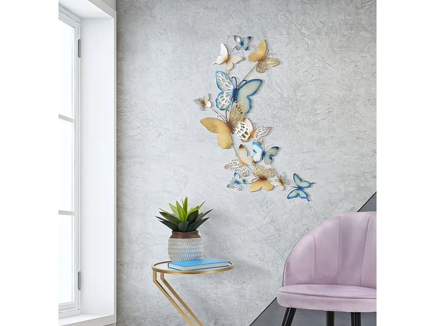 Décoration Murale en Métal "Butterflies" 115cm Bleu & Or