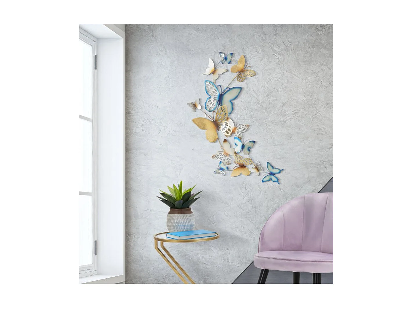 Décoration Murale en Métal "Butterflies" 115cm Bleu & Or