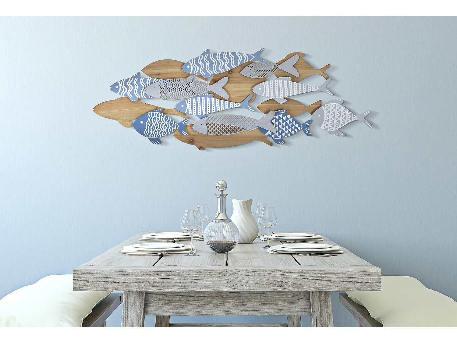 Pannello decorativo 3D in metallo blu pesci cm 91x3x33,5