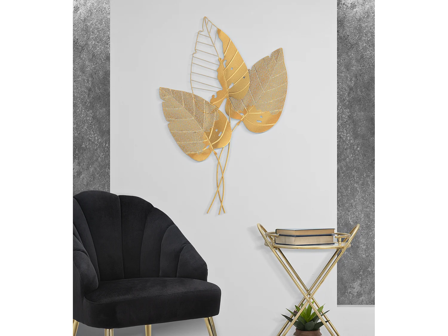 Pannello decorativo 3D foglie in metallo dorato cm 53x4x84,5