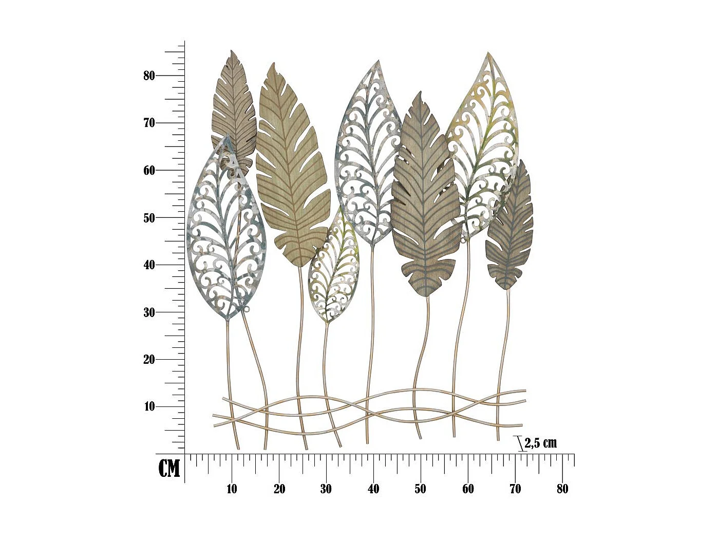 Déco Murale en Métal "Foglie" 87cm Argent & Or