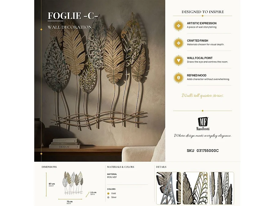 Déco Murale en Métal "Foglie" 87cm Argent & Or