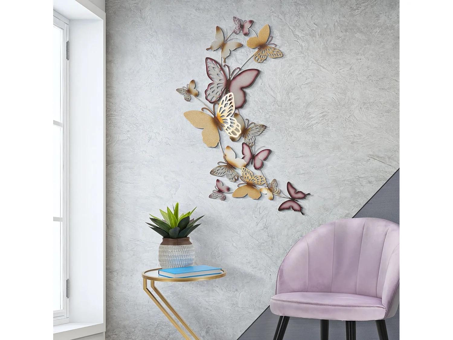 Décoration Murale en Métal "Butterflies" 115cm Bordeaux & Or