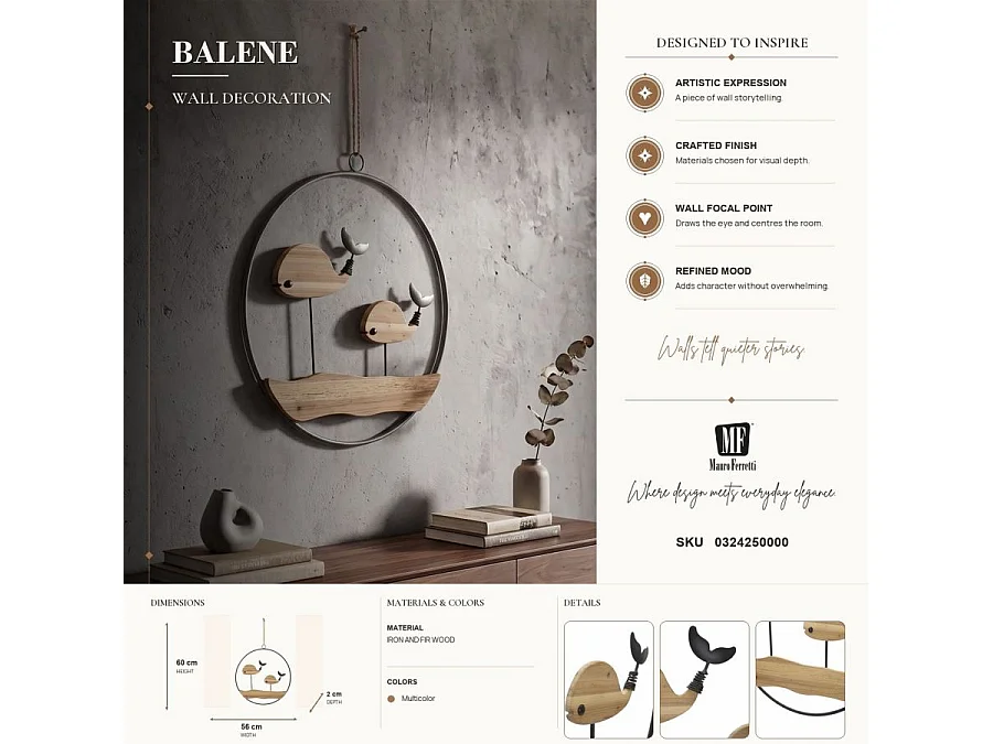 Pannello decorativo 3D in metallo marrone balene cm 56x2x60