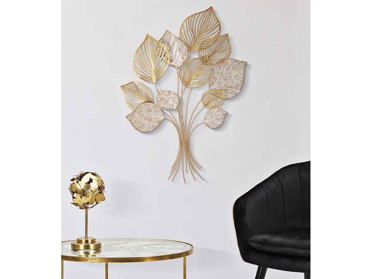 Pannello decorativo 3D foglie in metallo dorato cm 63x4x85