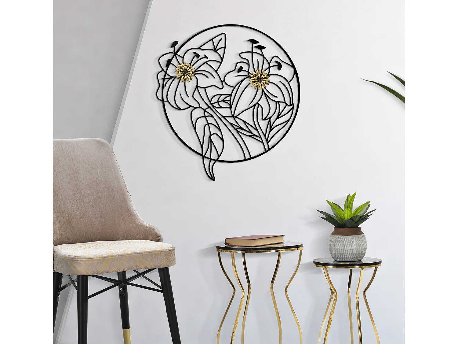 Pannello decorativo 3D fiori in metallo nero cm 63x2x69