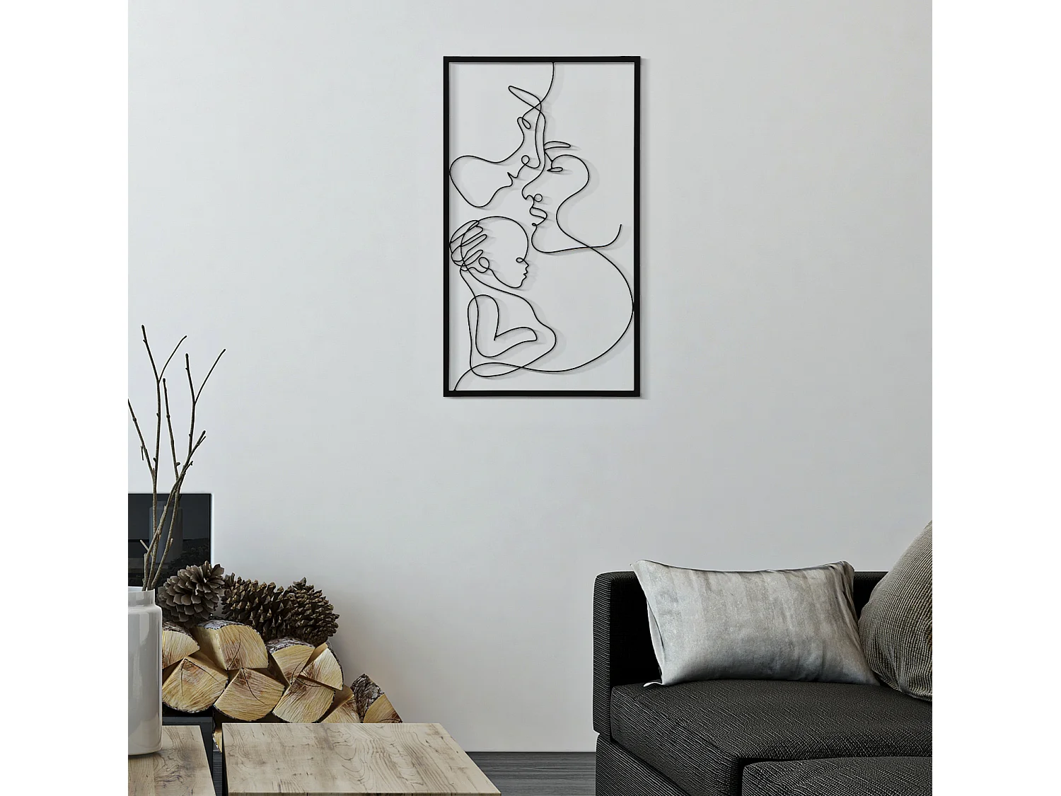 Pannello decorativo 3D in metallo nero famiglia cm 40x1,3x70