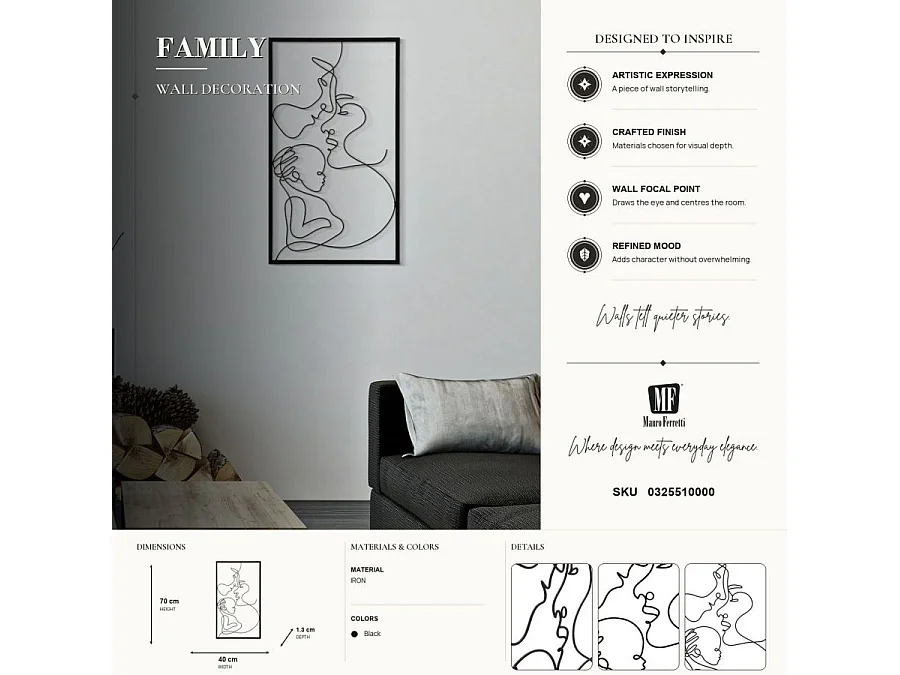 3D-Dekopaneel aus Metall schwarz Familie 40x1,3x70 cm