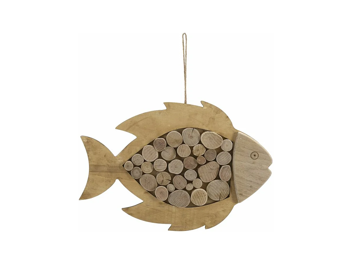 Sculpture Murale en Forme de Poisson en Bois Naturel - 42,5x2x28,5 cm - Décoration Murale Moderne avec Applications Rondes en Bois