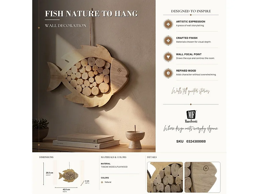 Décoration Murale en Bois à Suspendre "Poisson" 42cm Naturel
