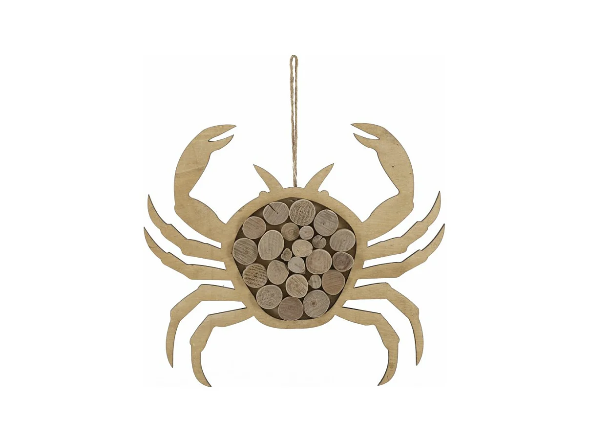 Sculpture Murale en Forme de Crabe en Bois Naturel - 35x2x31 cm - Décoration Murale Moderne avec Applications Rondes en Bois