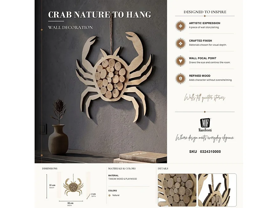 Décoration Murale en Bois à Suspendre "Crabe" 35cm Naturel