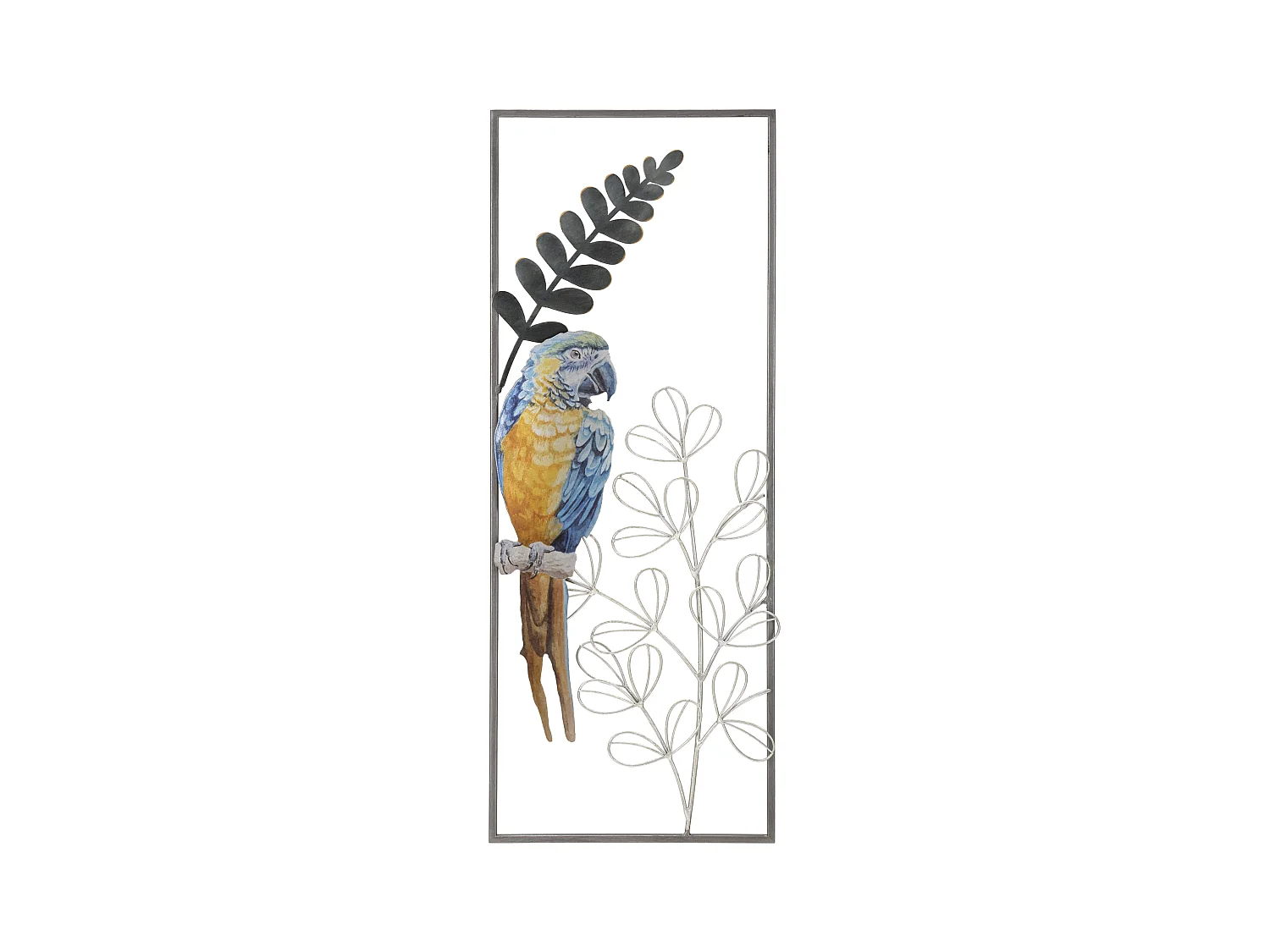 Panneau Décoratif 3D en Métal Parrot - pappagallo Coloré sur Branche avec Feuilles dans un Cadre Rectangulaire - 28,6x2,5x74,3 cm