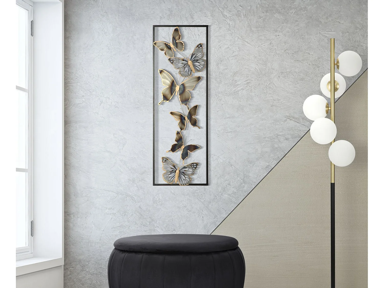 Déco Murale Encadrée en Métal "Papillons" 90cm Argent