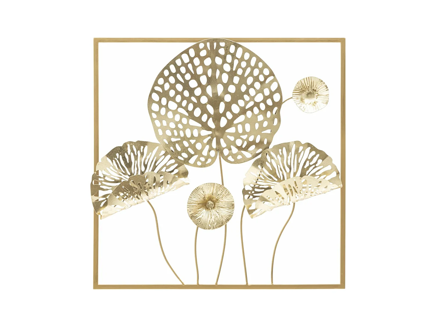 Panneau Mural Décoratif 3D en Fer Doré - Design Fleurs Encadrées - 50 x 5 x 50 cm