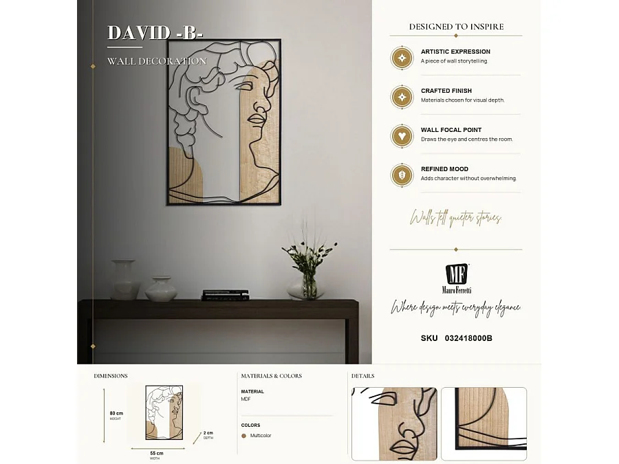 Décoration Murale Encadrée "David Profil" 80cm Naturel & Noir