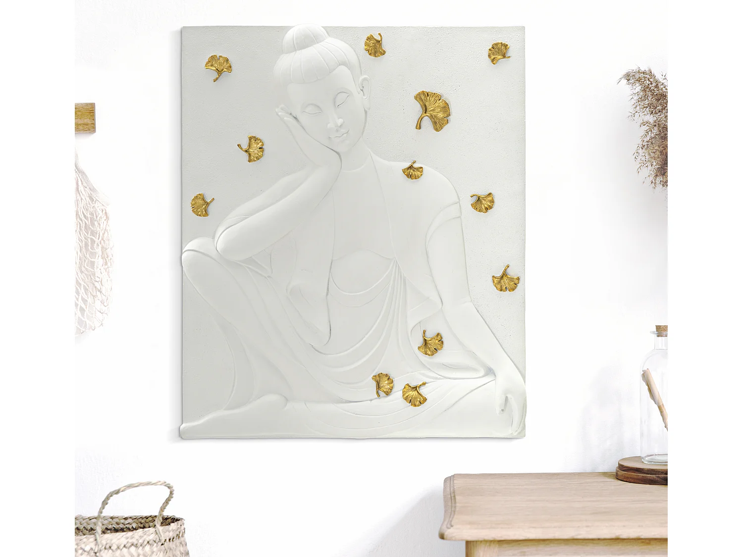 Décoration Murale en Résine "Bouddha" 55cm Blanc & Or