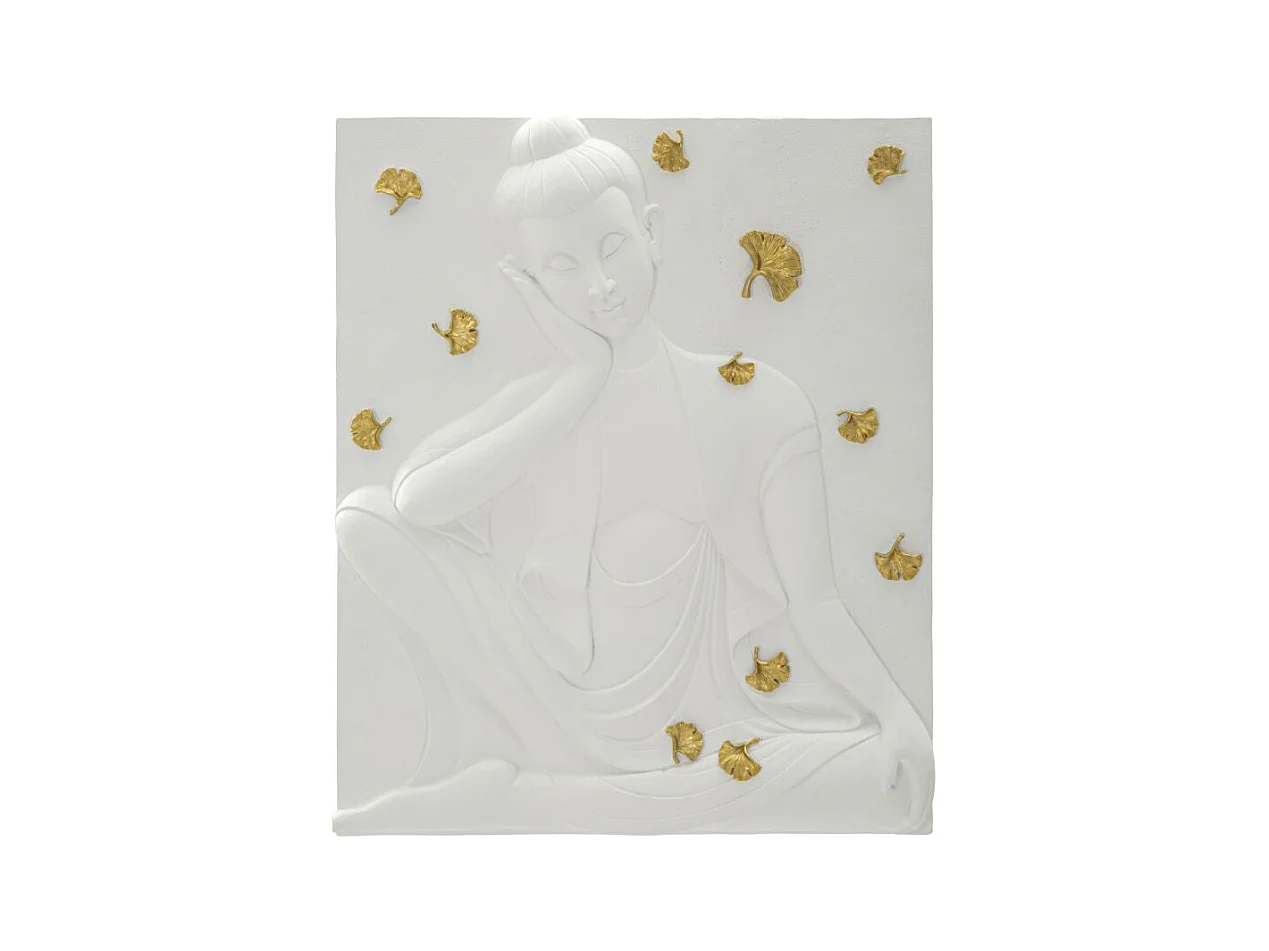 Panneau Murale 3D Buddha en Résine - Décoration Murale en Relief avec Feuilles Dorées Élégantes - 46x5,7x55,5 cm