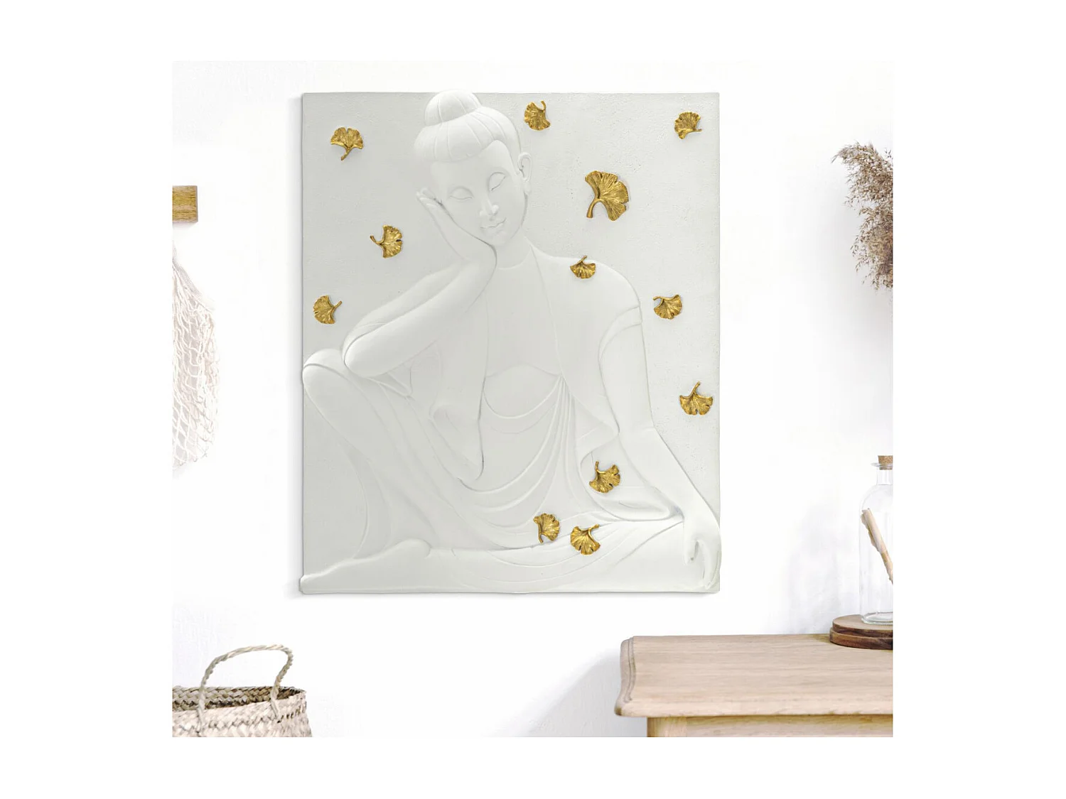 Décoration Murale en Résine "Bouddha" 55cm Blanc & Or