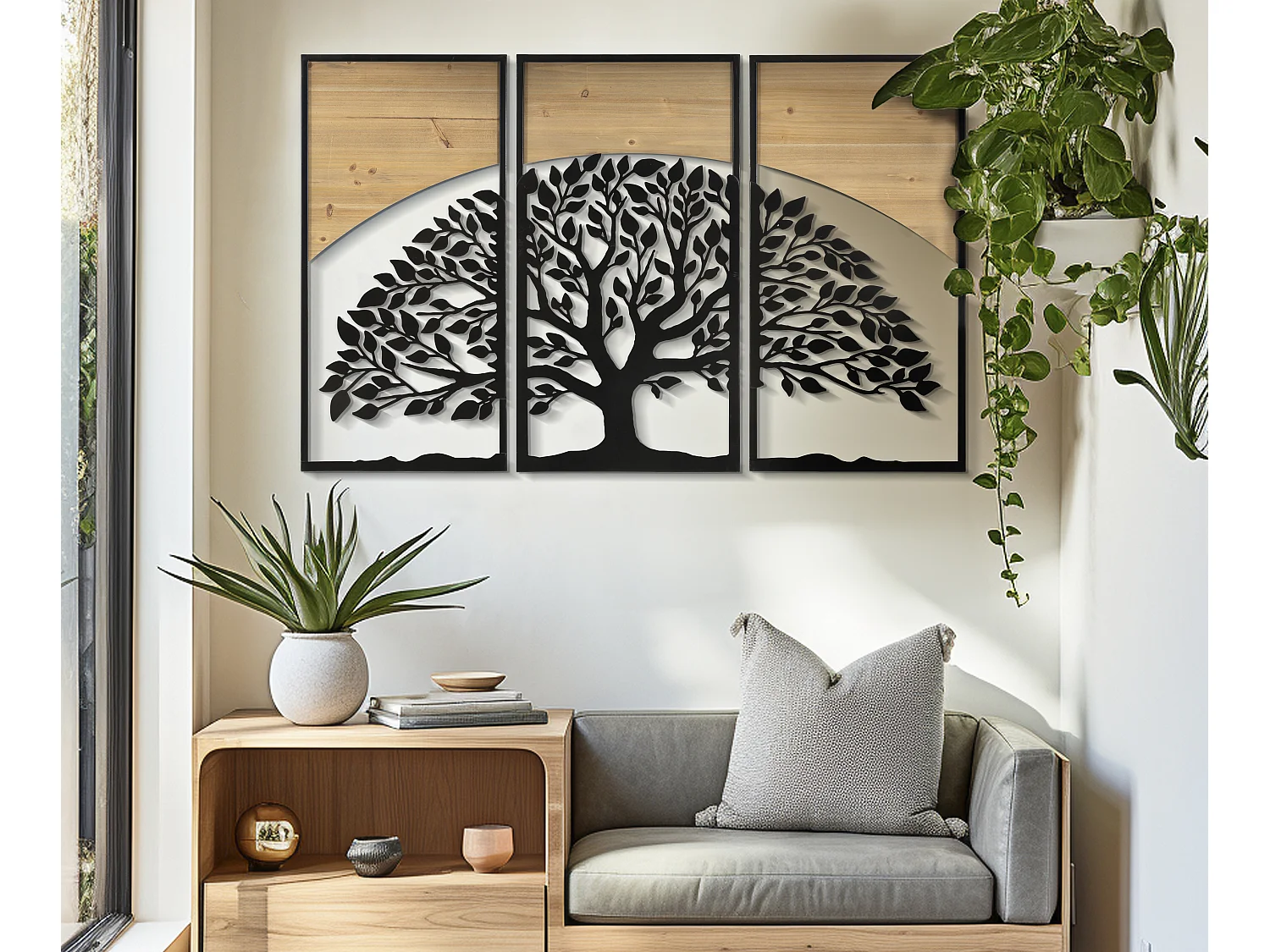 Set di 3 pannelli decorativi 3D in metallo e legno nero cm 105x2x70