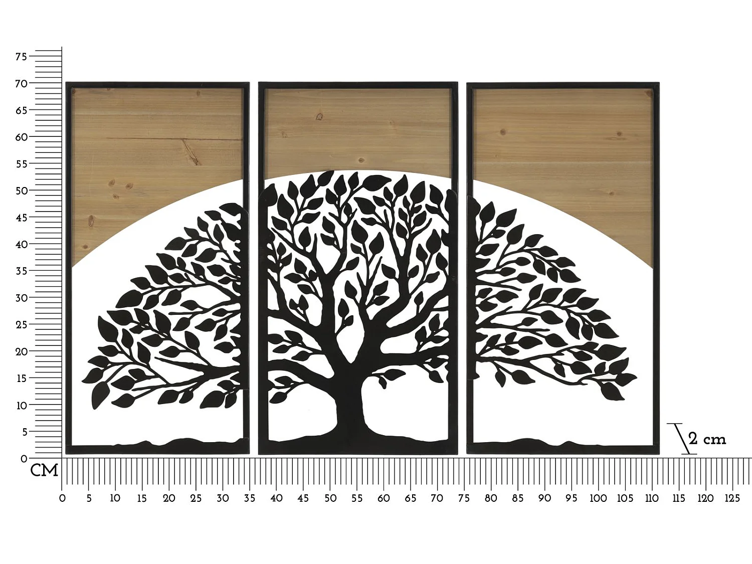 Sæt med 3 buede vægpaneler lavet af jern og MDF – 3D-dekoration i moderne stil, træmotiv, 105 x 2 x 70 cm – vægdekoration