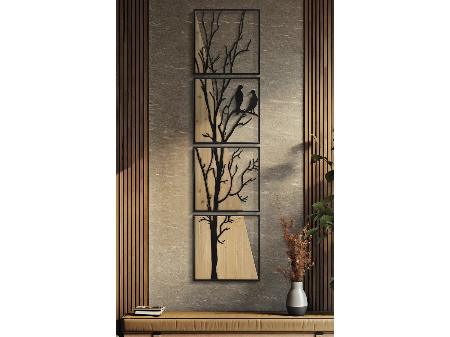 Set di 4 pannelli decorativi 3D in metallo e legno nero cm 50x2x200