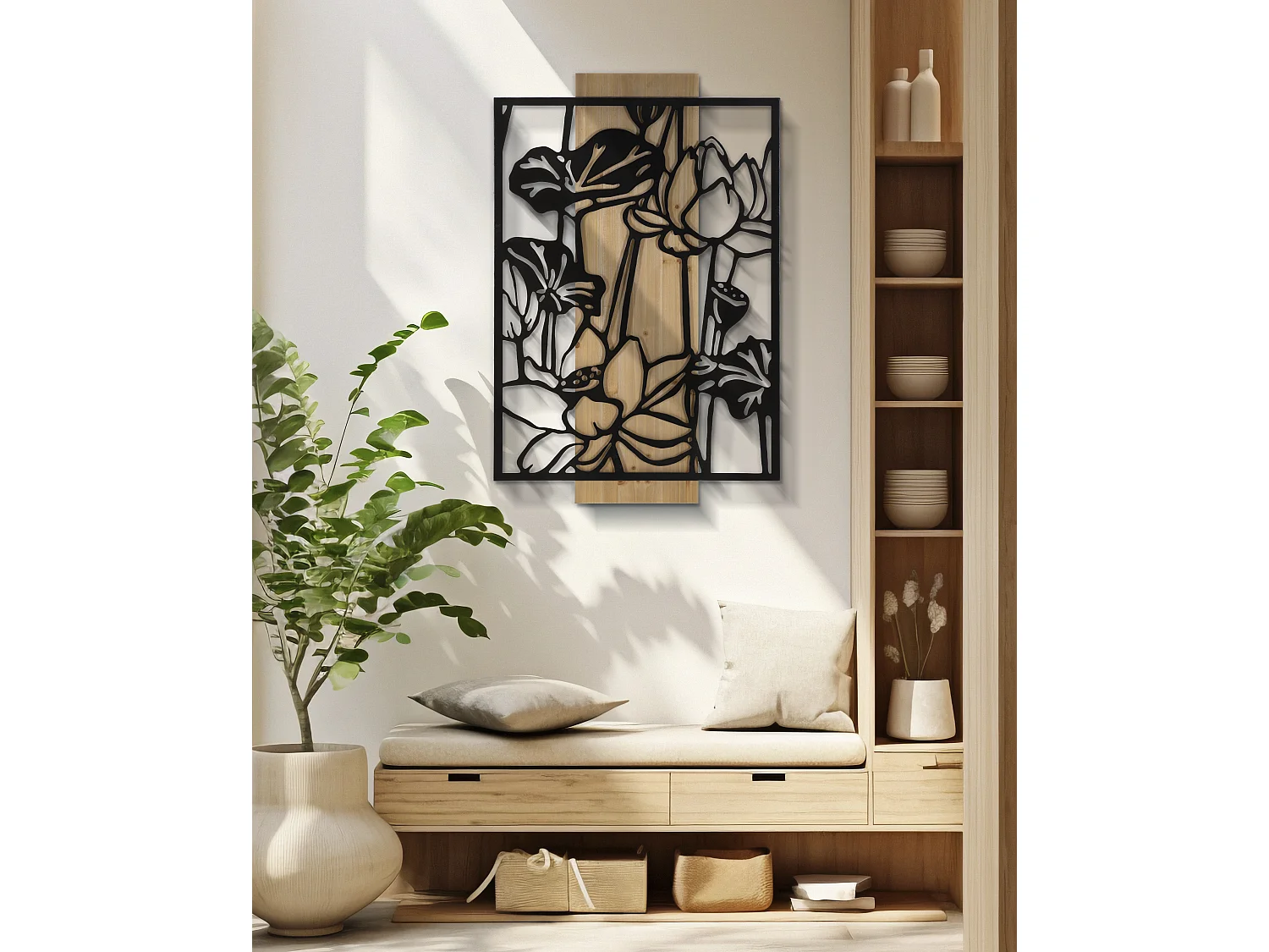 Pannello decorativo 3D in metallo nero legno marrone fiore cm 60x2x90