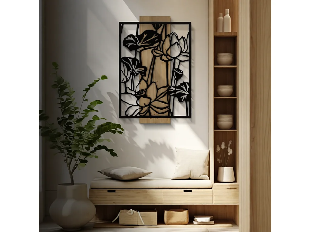 3D-Dekopaneel aus Metall schwarz und Holz braun Blume 60x2x90 cm