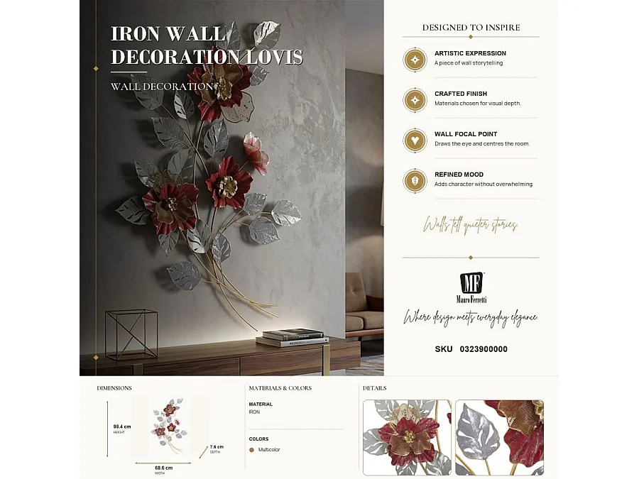 3D decoratief paneel met veelkleurige metalen bloemen, 68,6 x 7,6 x 98,4 cm